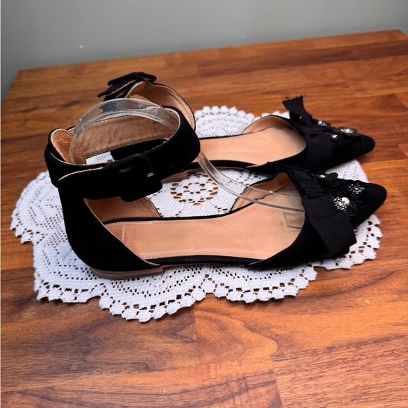 Bill Blass Leather Black Floral Sequins Ankle Strap 8.5 Anthrologie Bow Party - Picture 3 of 9